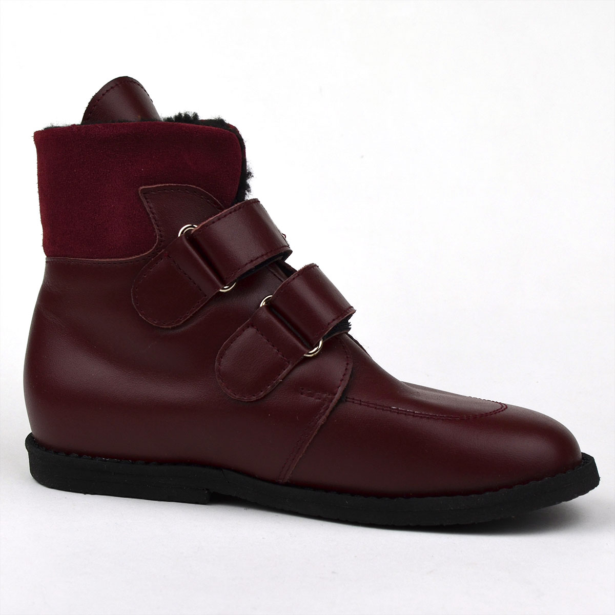Magasszárú dr Leo bélelt cipő kislányoknak bordó színben, bordo gallérral - katicás felvarrással - belső oldal