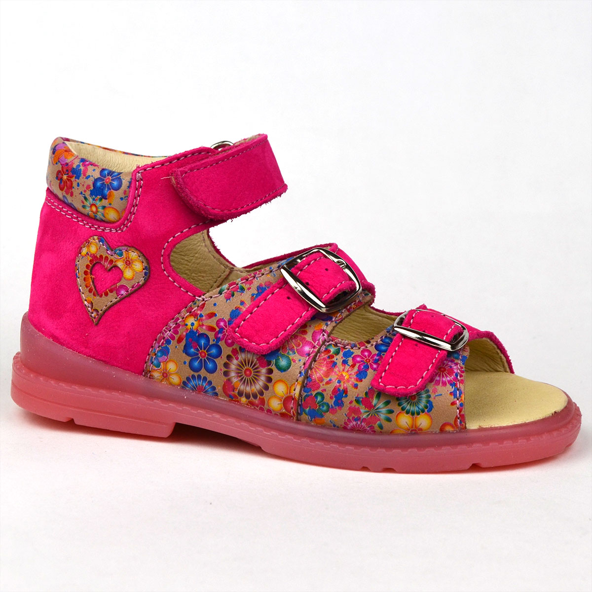 Kislány F50 Salus szandál rózsaszín-virág mintás, szívecskével